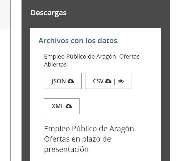 Imagen con apartado descargas de Aragón Open Data: Formato JSON, XML y CSVv